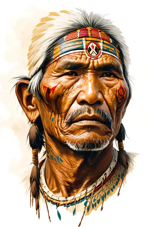 eve American Indian man with wrinkles and symbols of their cultures on his face tattoo design idea