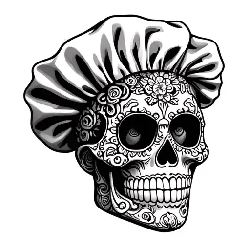 sugar skull made from chef tools, vegetables, meats tattoo design idea
