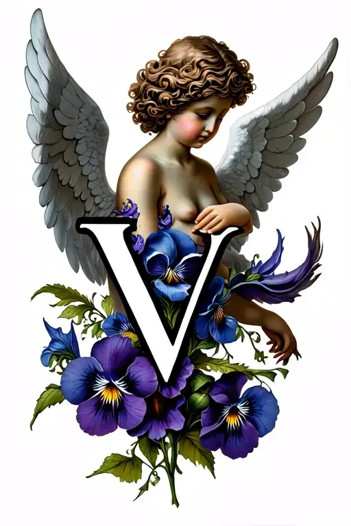 A Fallen Angel Holding the letter V with Viola flowers surronding the angel tattoo design idea