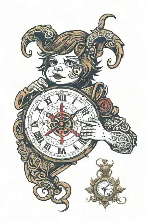 A little boy with brown hair, red eyes, a stitched mouth and a pocket watch instead of a heart in the middle of his ches tattoo design idea