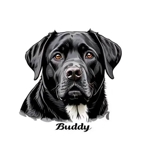 black lab with the name Buddy tattoo design idea