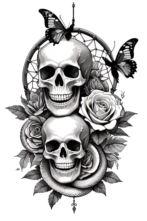 skulls, roses, butterflies, dreamcatcher and snakes tattoo design idea