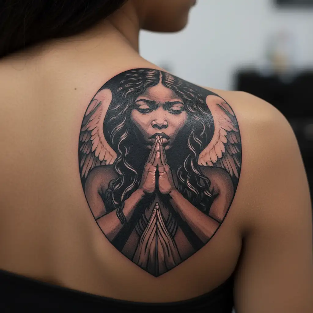 African angels pray hands holding tattoo design idea