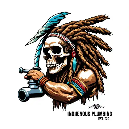 "INDIGENOUS PLUMBING EST.2020" skull dreadlock Native American warrior fixing faucet tattoo design idea