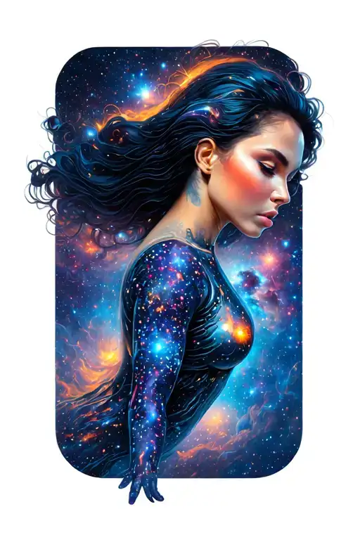 futuristic woman floating in a vast open galaxy filled with stars tattoo design idea
