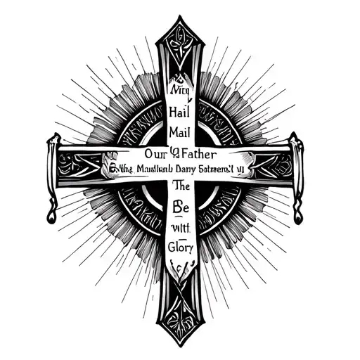 a wrist band tattoo with a latin translation of Our Father, Hail Mary, Glory Be with cross in between tattoo design idea