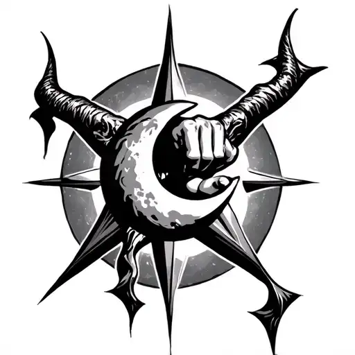 Make me a pentagon (a 5-pointed star), Integrate into the star a half moon, also add a horn an a fist shapped hand tattoo design idea