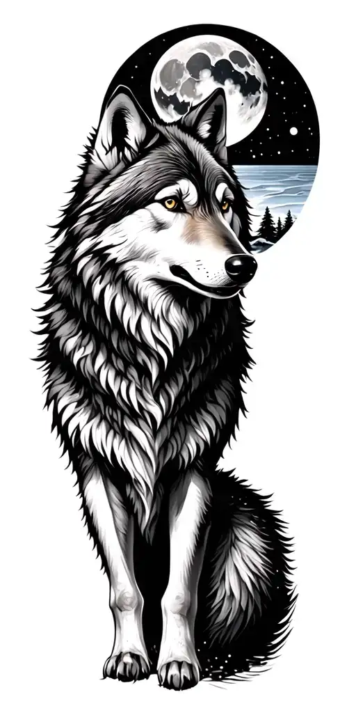 arctic wolf, moon, snowing, scenic tattoo tattoo design idea