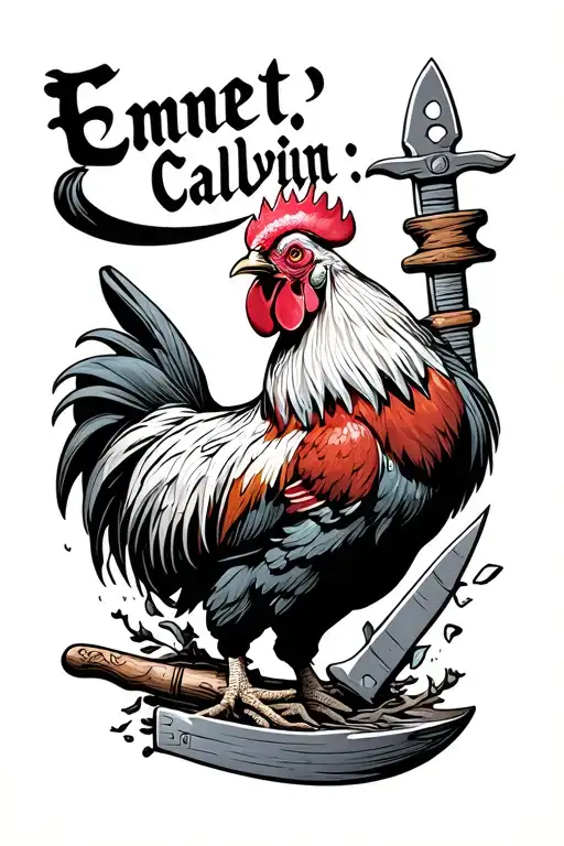 "Emmett Calvin " rooster and knife surrounded being thrown nd tattoo design idea
