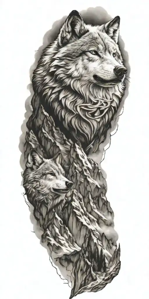 mountain range with wolf head tattoo design idea