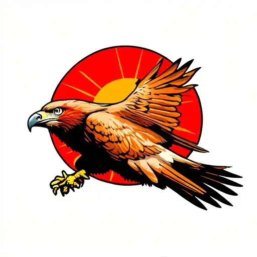 A red kite in flight looking at the camera with forked tail clearly on display. Some kind of sun behind the bird. Should tattoo design idea