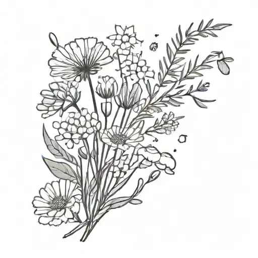 lavender, rosemary, eucalyptus, calendula, dandelion, snow drops, and mushrooms tattoo design idea