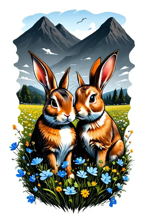 fiver and hazel from watership down in a meadow with blue wildflowers. mountains in the background tattoo design idea