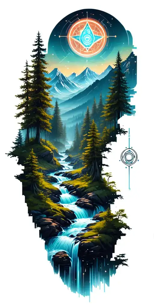 A dense forest with a stream and mountains in the background tattoo design idea
