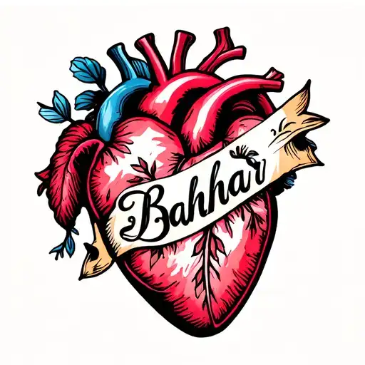 American traditional heart with "Bahar" written inside tattoo design idea