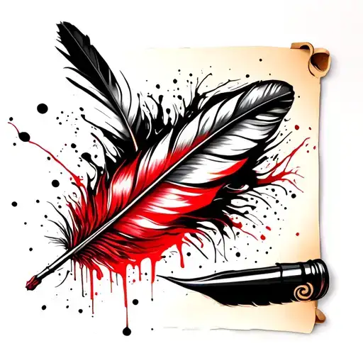 feather quill pen writing on a white scroll tattoo design idea