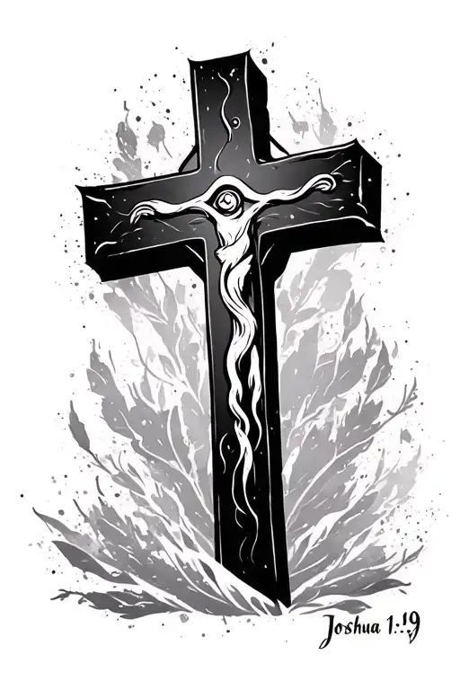 minimalistic Cross tattoo with just the words "Joshua 1:9" on the side tattoo design idea