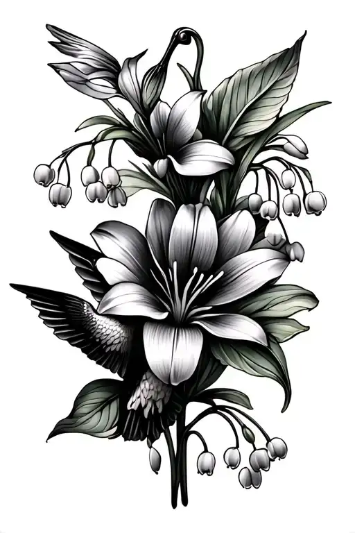 lily of the valley flower and cosmo flowers with hummingbird and half Mandela  tattoo design idea
