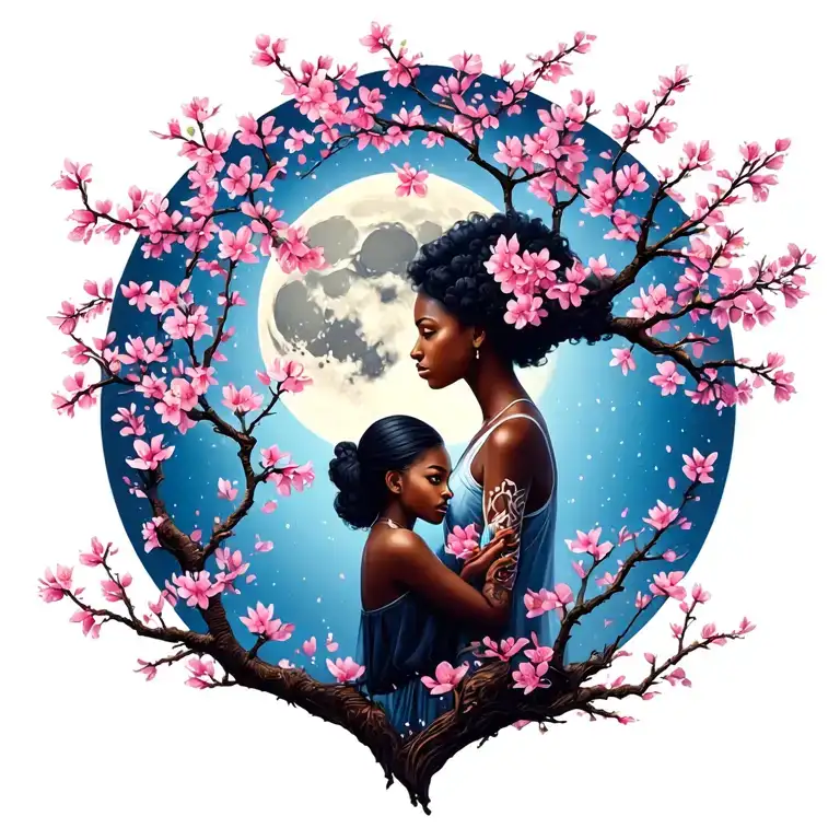 half full back cherry blossom tree with the moon & a black girl tattoo design idea