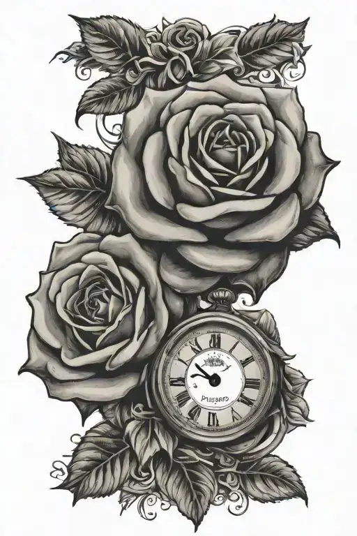roses, clock, name Levi tattoo design idea
