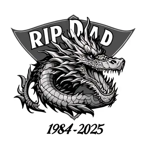 "RIP Dad 1984-2025" cowboy element, dragon element, realistic, cool men's tattoo, memorial tattoo tattoo design idea