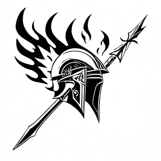 small tattoo of ares god of war helmet and spear and fire  tattoo design idea