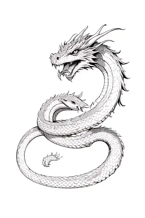 A detailed dragon absorbs a snake during a battle tattoo design idea