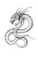 A detailed dragon absorbs a snake during a battle tattoo design idea