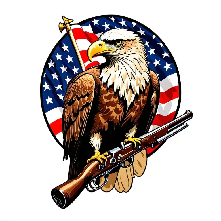 A patriotic bald eagle perched on an old musket with an American flag in the background. tattoo design idea