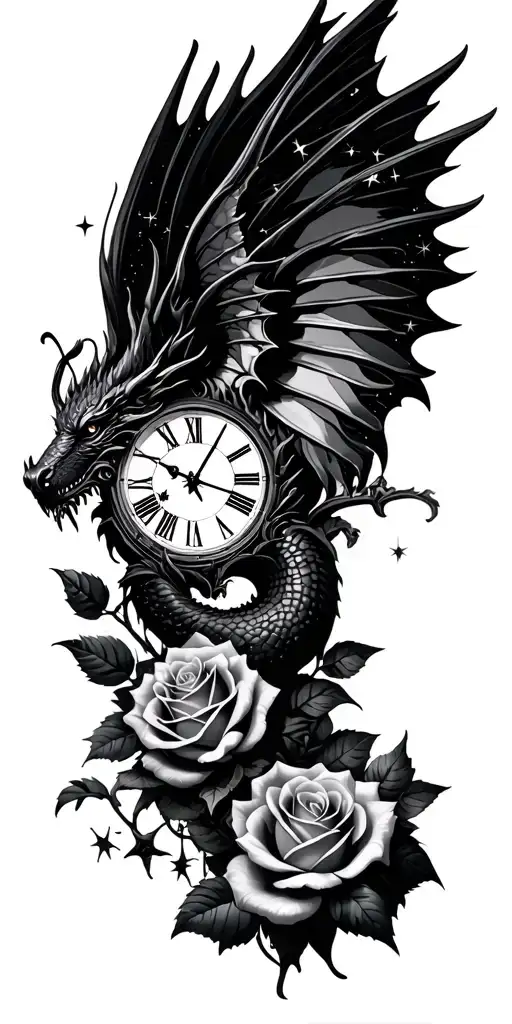 roses growing, clock face inside, dragon wrapped, star constelation, agnel wings, butterfly tattoo design idea