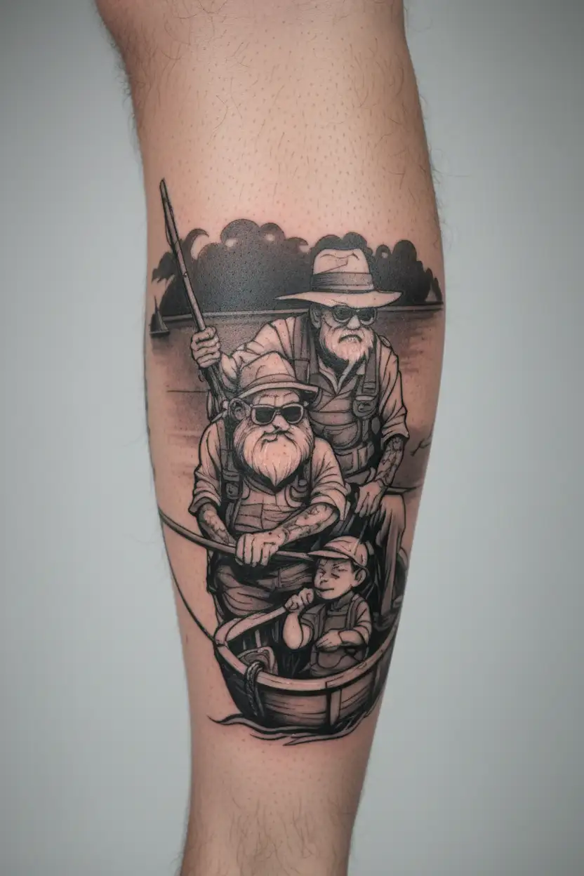 grandpa and grandson fishing on a boat fishing tattoo design idea
