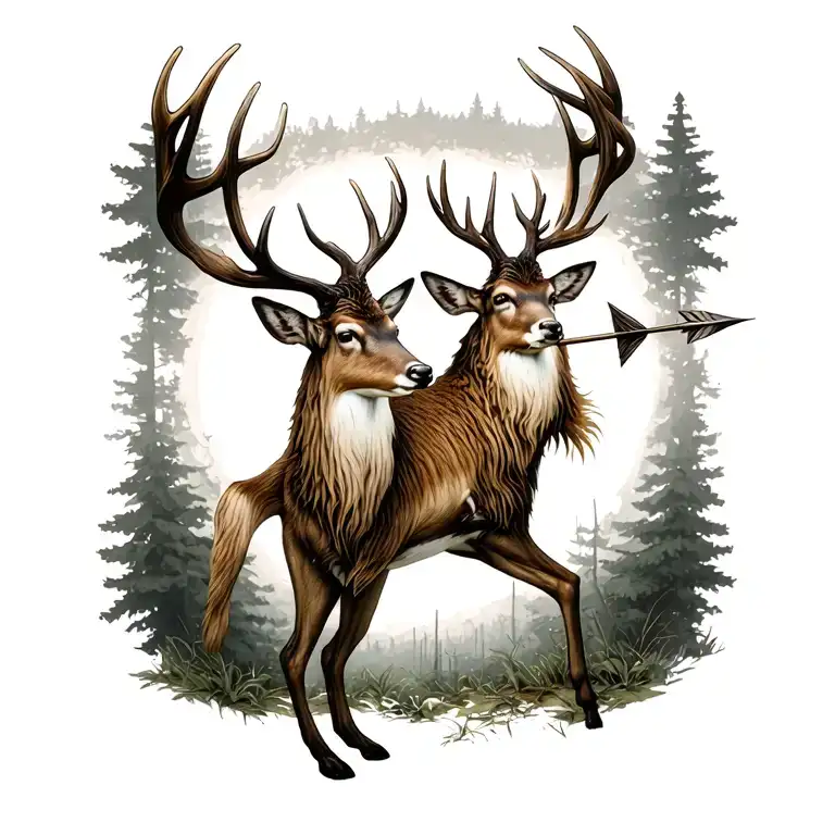 a double headed deer with an arrow sticking out of its chest, standing on its hind legs  tattoo design idea