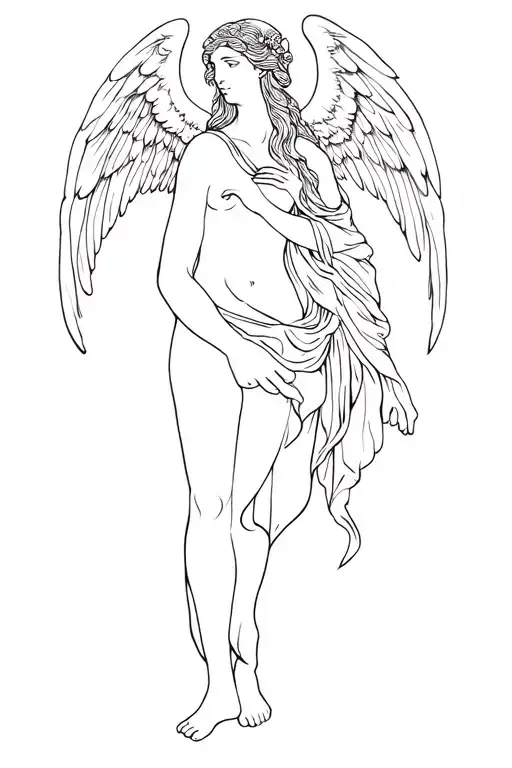 fine line blackwork tattoo design, full leg composition, front and around the calf, classical angel at the top, Greek wa tattoo design idea