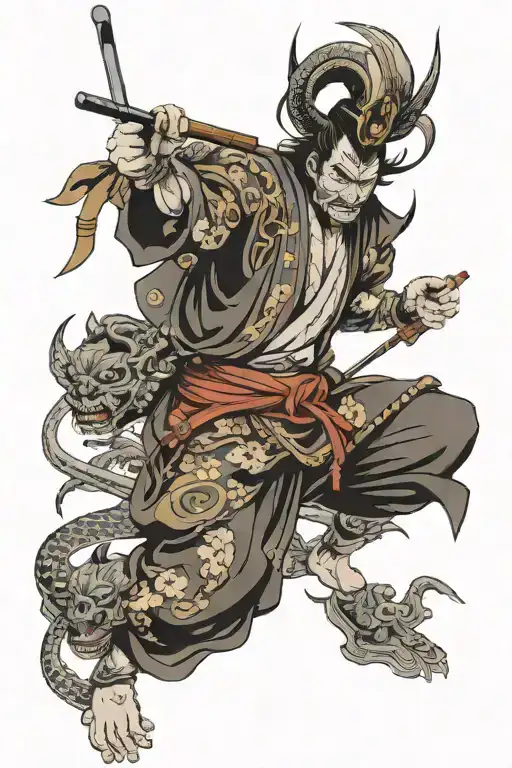 japanese samurai with oni mask tattoo design idea