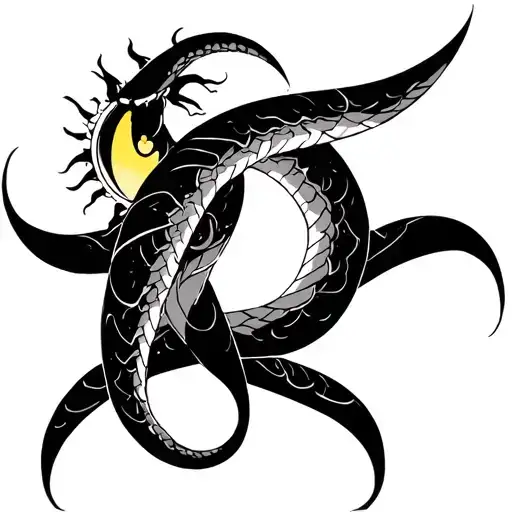 Orochimaru (Naruto) snake with yellow eye, intertwining the sun and moon tattoo design idea