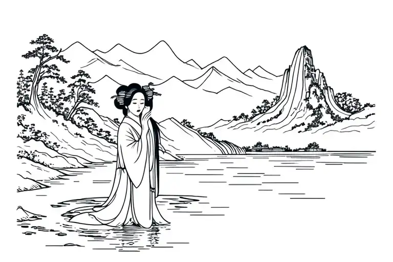 Geisha crying woman standing near a river flowing and a waterfall in a mountain landscape tattoo design idea
