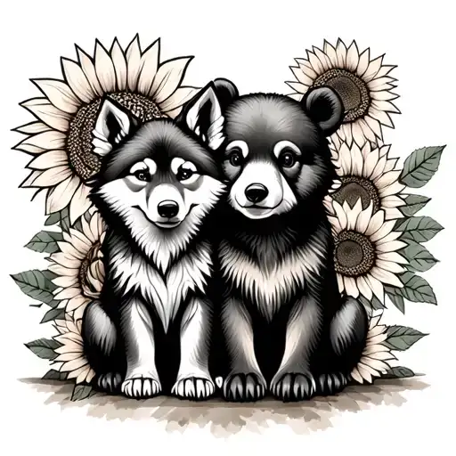  cute baby wolf and bear sitting with sunflowers and roses. black tattoo design idea