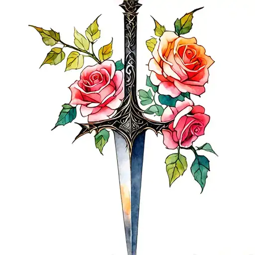 dagger with roses and thorns growing tattoo design idea