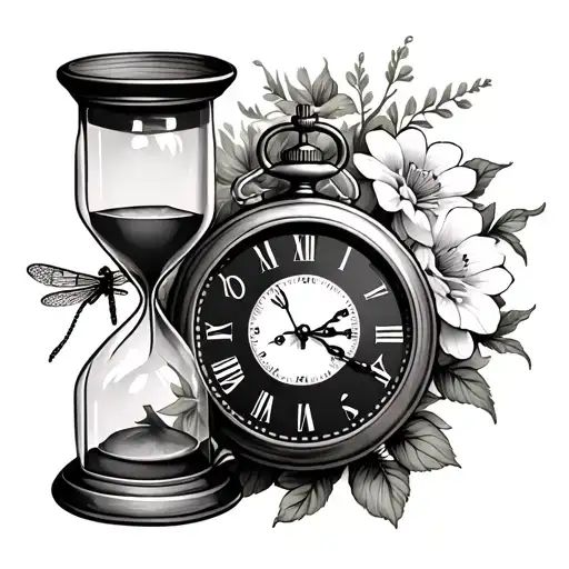 hourglass with vintage alarm clock july august and september birth flower and pocket watch with dragonfly  tattoo design idea