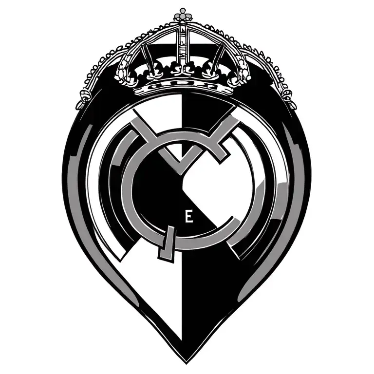 Design of Real Madrid crest merged with 'And Justice For All' statue outline for an upper arm tattoo, featuring 'Hala Ma tattoo design idea