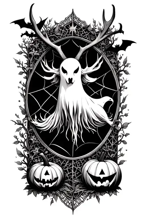 Ghost, Jackalope, stars, Bats, vines,  cathedral, mirror, pumpkin, Woodland, crow, spiderweb, lace, Venus fly trap tattoo design idea