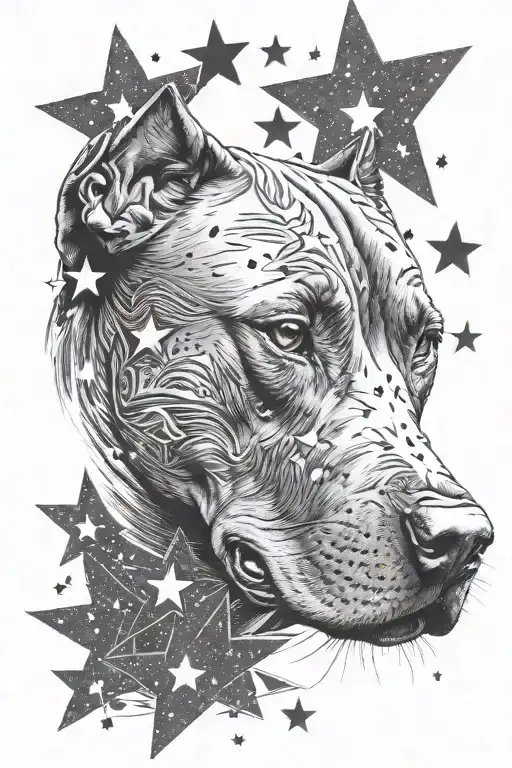 graphite pencil style pitbull head with stars as a background tattoo design idea