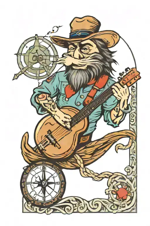 banjo on forearm. the head part of the banjo is an anchor and rope. the body part of banjo is a compass. sea wave backgr tattoo design idea