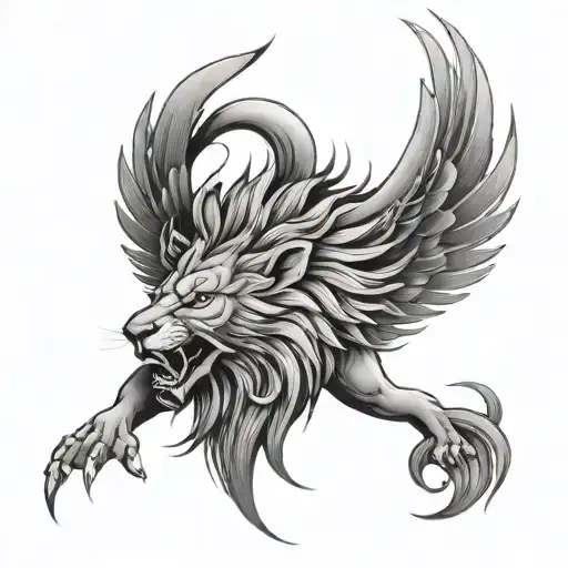 a full lion with phoenix wings on its back, add a dragon tail  tattoo design idea