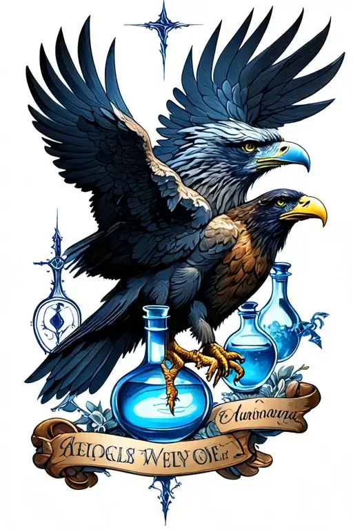 harry potter ravenclaw eagle, potions, charms, divination tattoo design idea