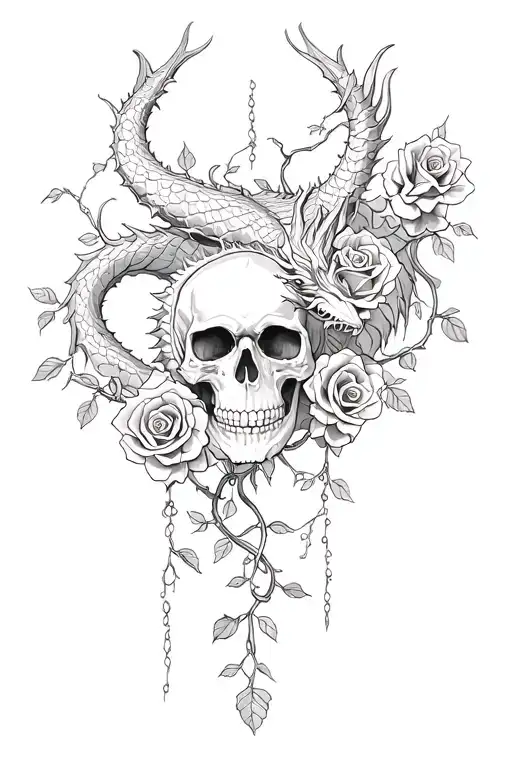 skull with vines hanging with roses and a dragon intertwined tattoo design idea