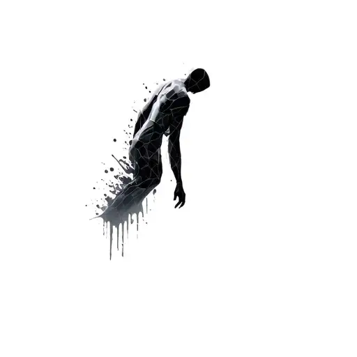 Geometrical humanoid elevating horizontally with the bottom, half of his body breaking off and disintegrating tattoo design idea