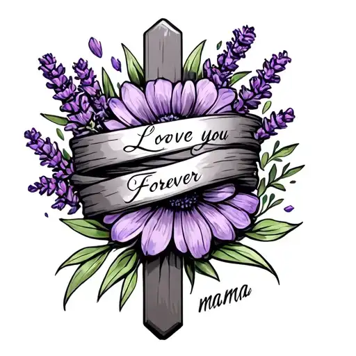 lavender flower wrapped around a cross saying love you forever mama tattoo design idea