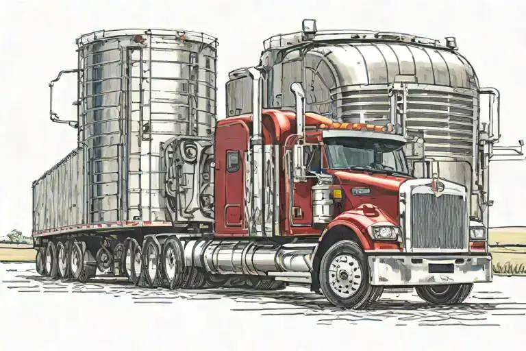 red kenworth semi with 42ft Wilson grain trailer. full view of semi  60 degree angle. parked in front of soybean field tattoo design idea