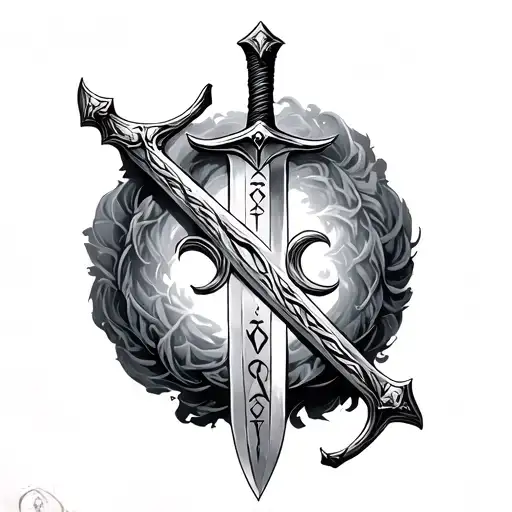 A tattoo of a battle-worn sword like Guts' from Berserk, with runes Tiwaz (ᛏ) and Othal (ᛟ) on the blade. The hilt featu tattoo design idea
